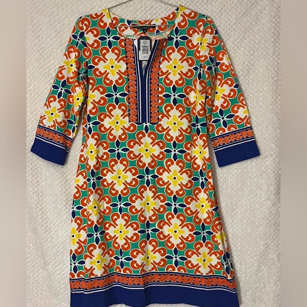Barbara Erickson Womens Shift Dress Split Neck Cotton Blend Colorful Medium NWT